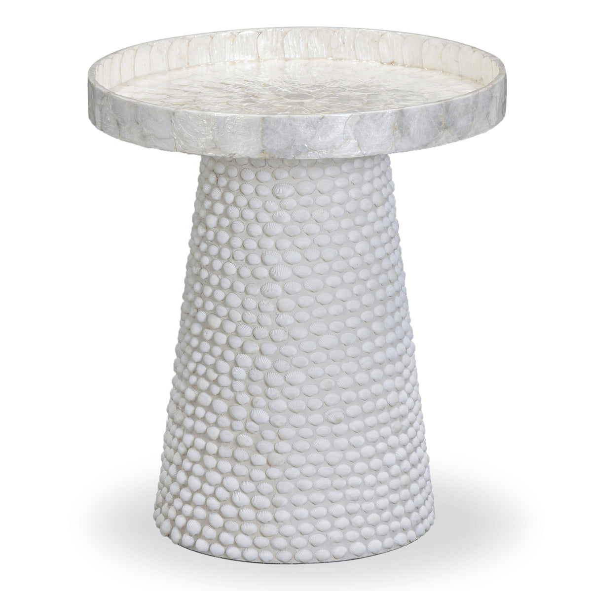 TOV Furniture Coast Pearl White Seashell Round Side Table in pearl seashell finish, primary product view