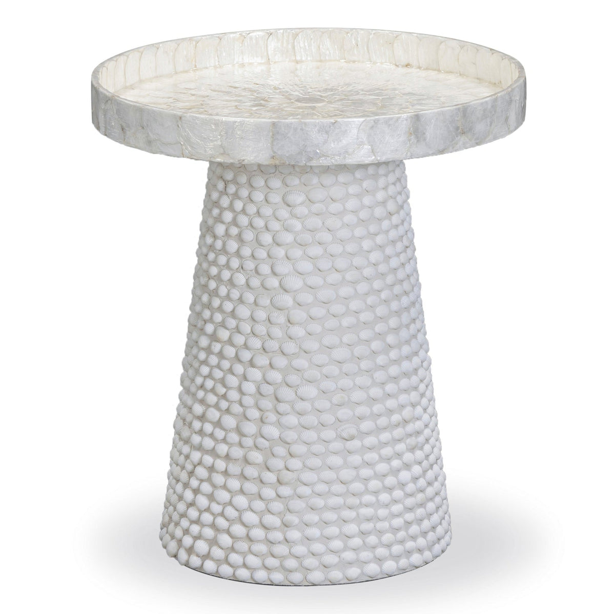 TOV Furniture Coast Pearl White Seashell Round Side Table in pearl seashell finish, primary product view