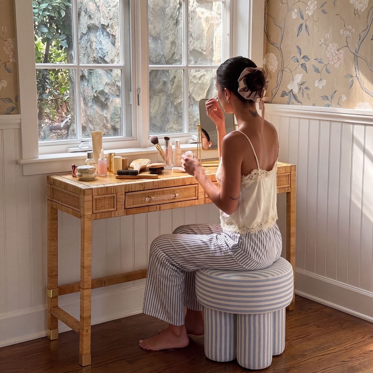 TOV Furniture Masha Blue Striped Performance Linen Accent Stool