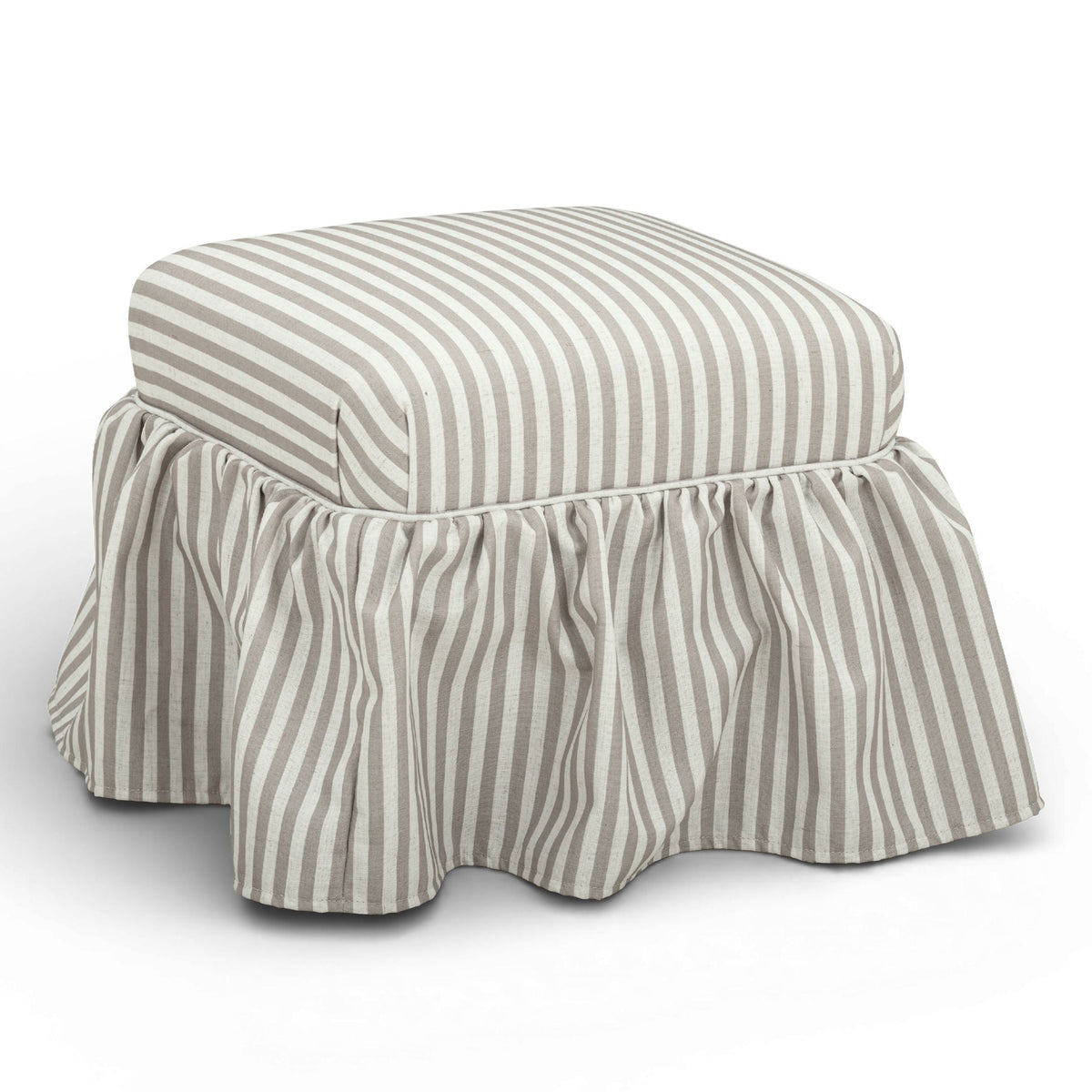 TOV Furniture Gertrude Khaki Striped Performance Linen Skirted Ottoman in khaki striped linen, primary product view