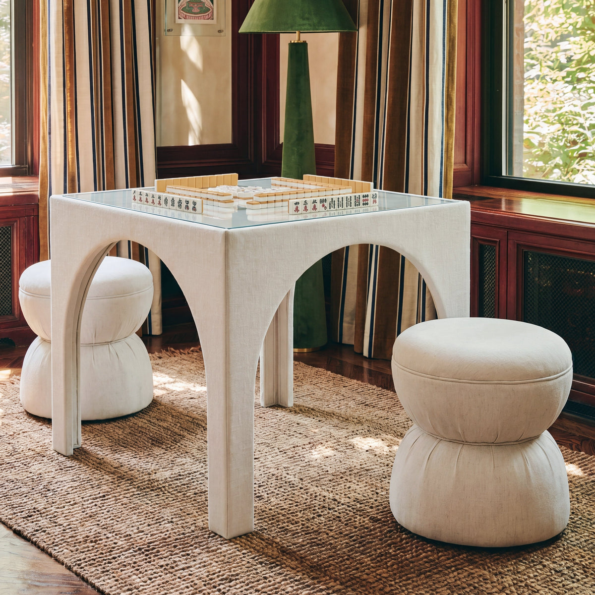 TOV Furniture Tomlin Cream Performance Chenille Game Table and Two Ottomans Set