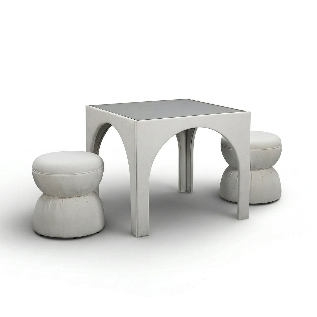 TOV Furniture Tomlin Performance Chenille Game Table and Two Ottomans Set in cream chenille, primary product view