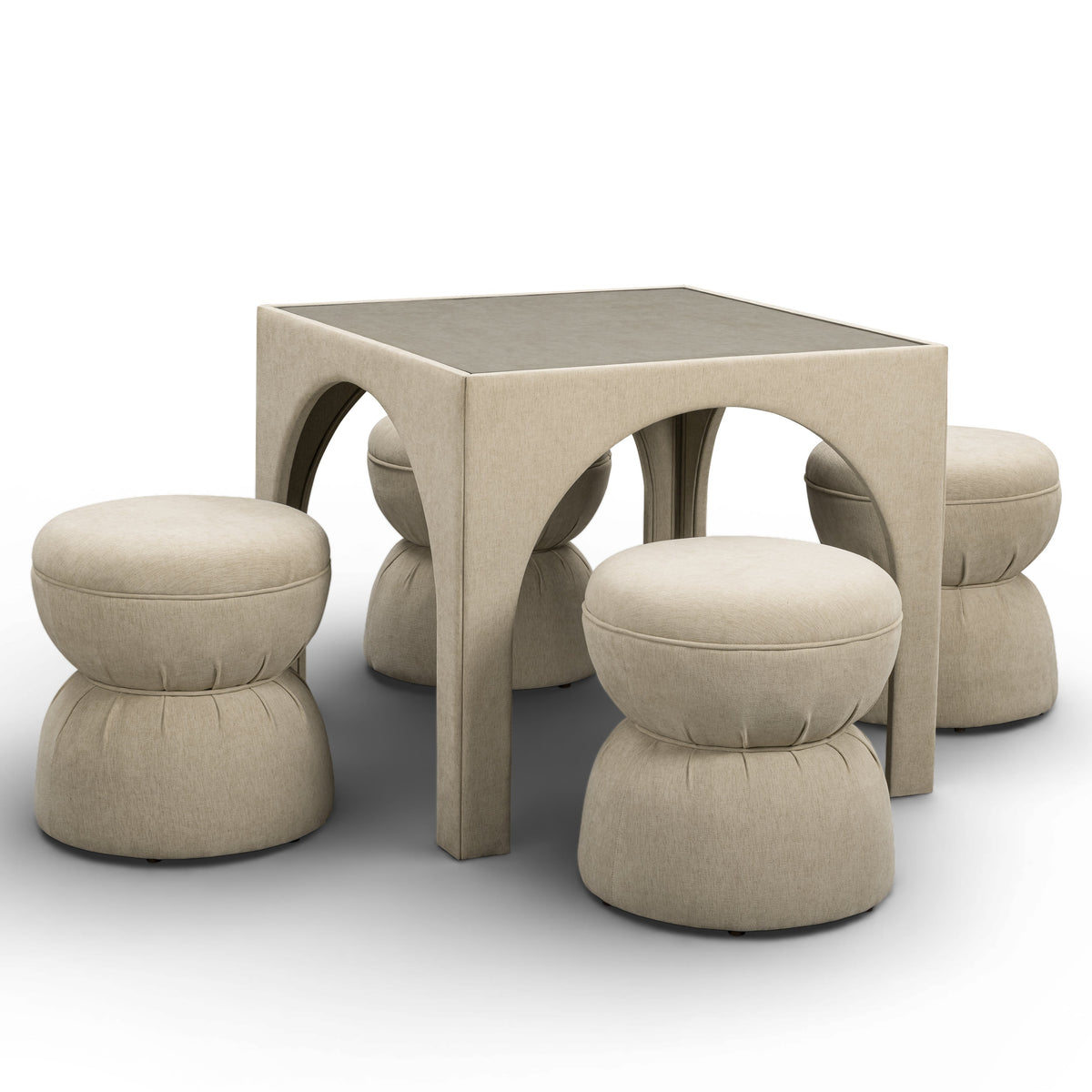 TOV Furniture Tomlin Performance Chenille Game Table and Two Ottomans Set in tan chenille, primary product view
