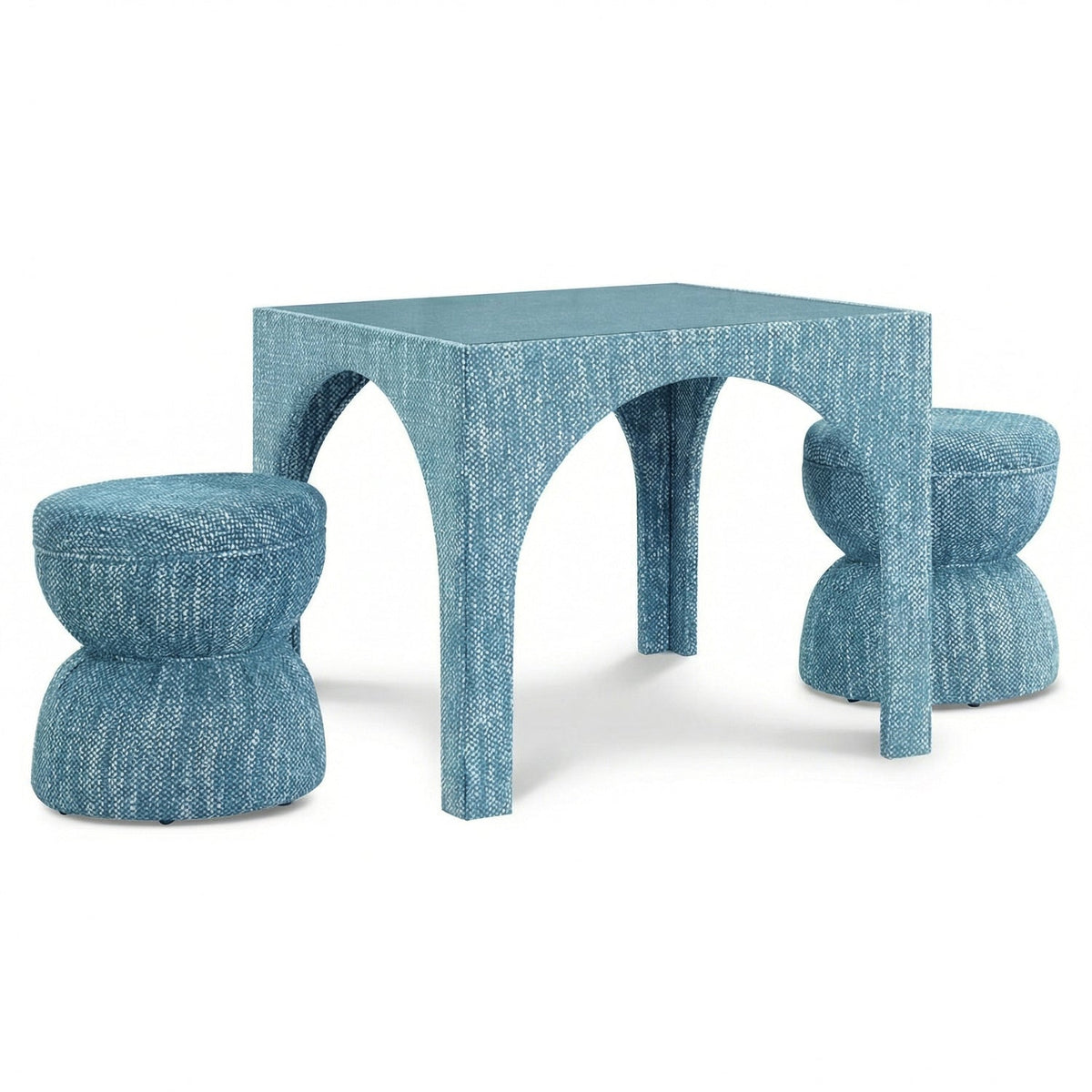 TOV Furniture Tomlin Performance Chenille Game Table and Two Ottomans Set in teal chenille, primary product view