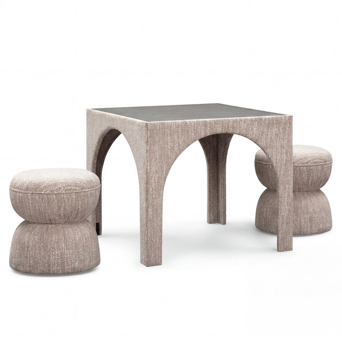 TOV Furniture Tomlin Performance Chenille Game Table and Two Ottomans Set in beige chenille, primary product view