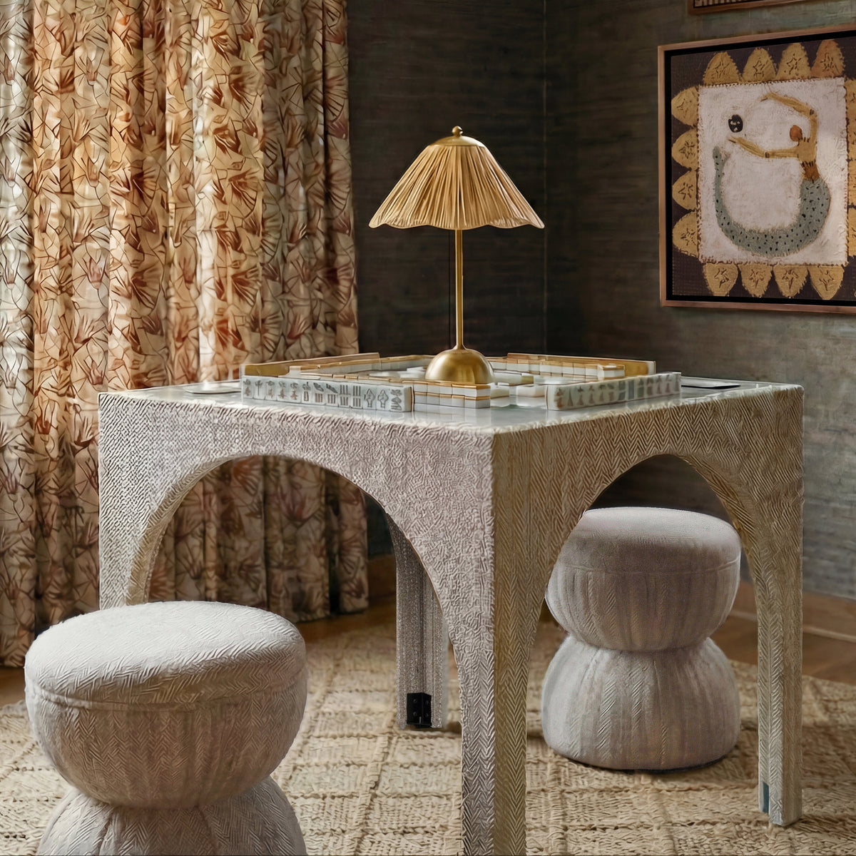 TOV Furniture Tomlin Beige Performance Chenille Game Table and Two Ottomans Set