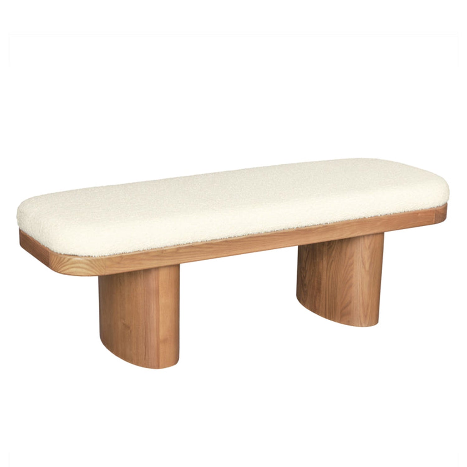 TOV Furniture Ollie bench in white boucle on warm ash wood, front view.