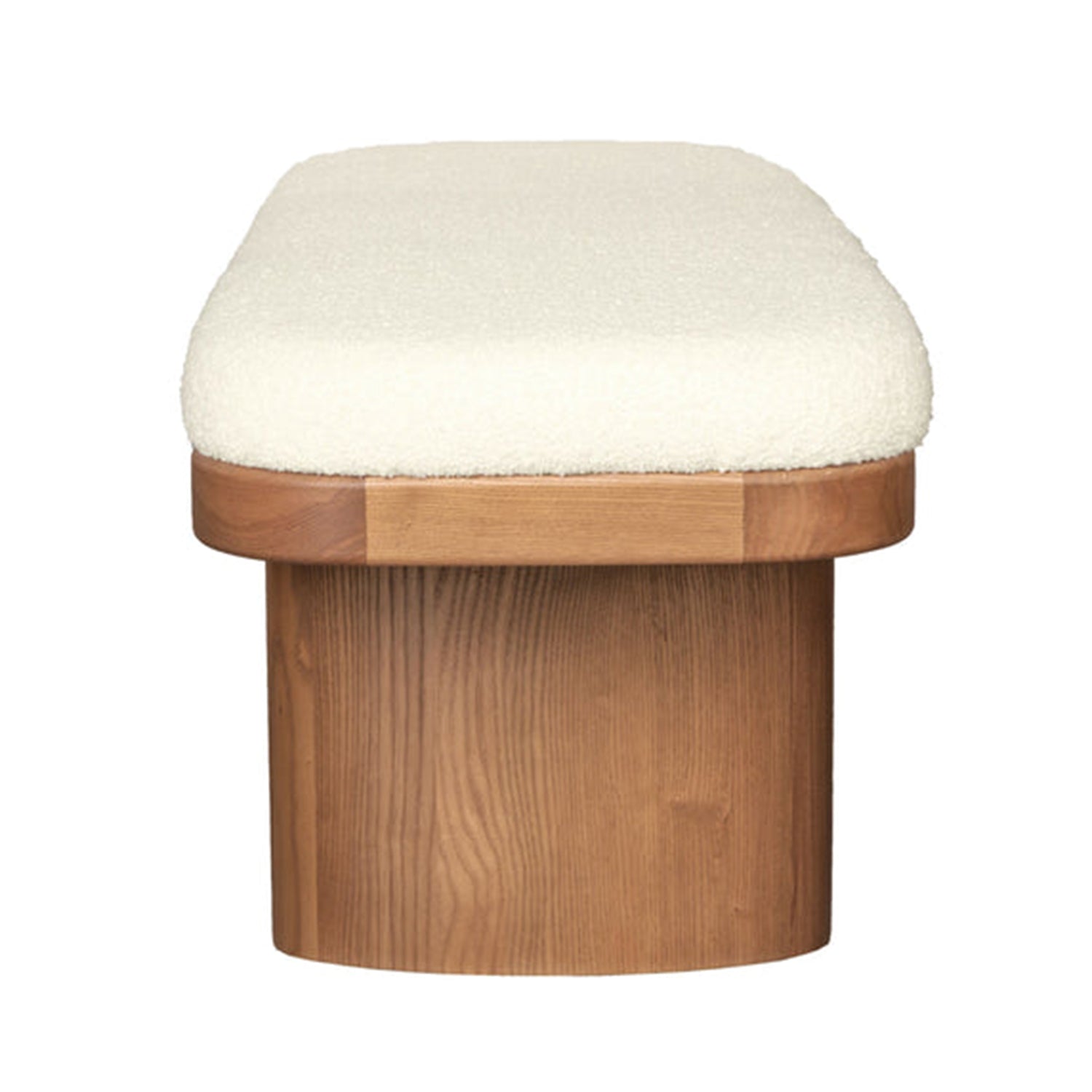 TOV Furniture Ollie bench in white boucle on warm ash wood, side profile.