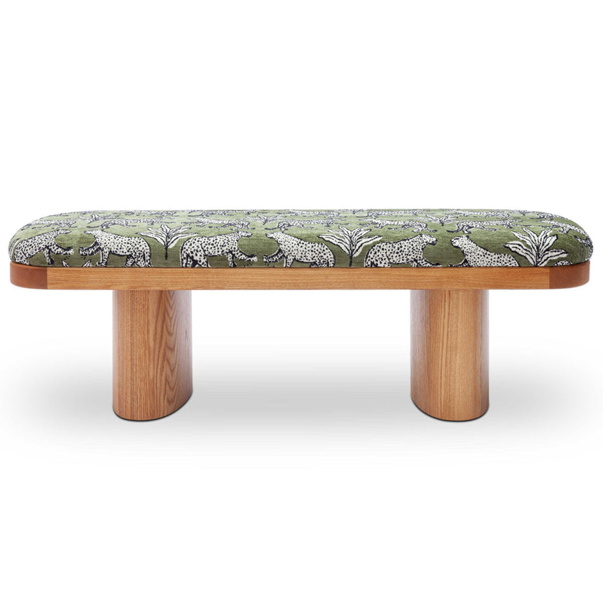 TOV Furniture Ollie olive green leopard jacquard bench, wood leg detail