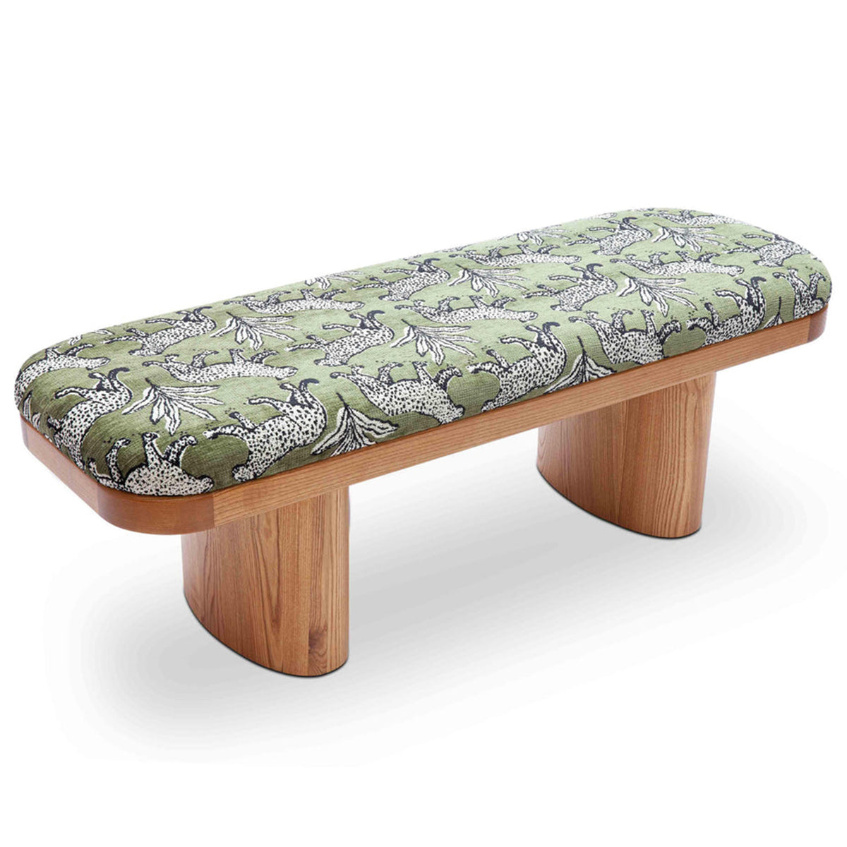 TOV Furniture Ollie olive green leopard jacquard bench, side profile