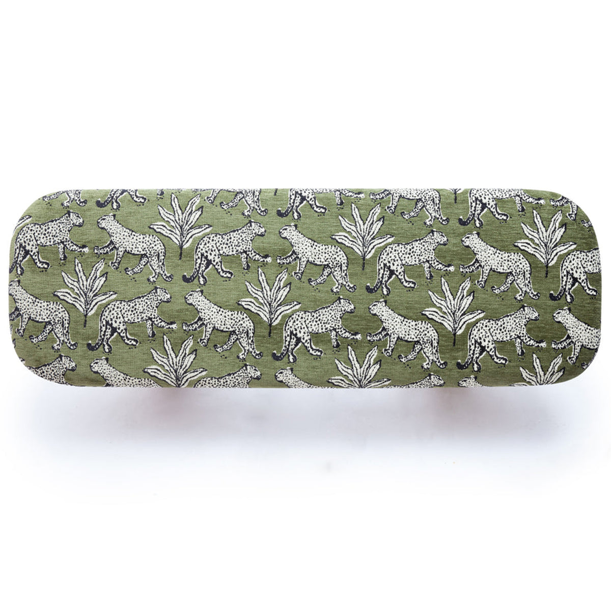 TOV Furniture Ollie olive green leopard jacquard bench, styled at the foot of a bed