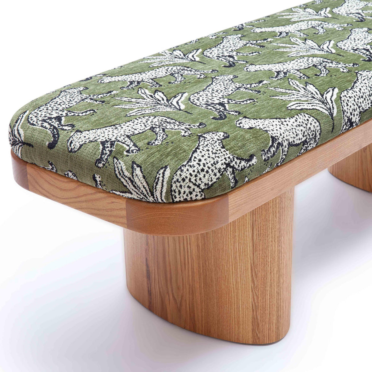 TOV Furniture Ollie olive green leopard jacquard bench, upholstery texture close-up