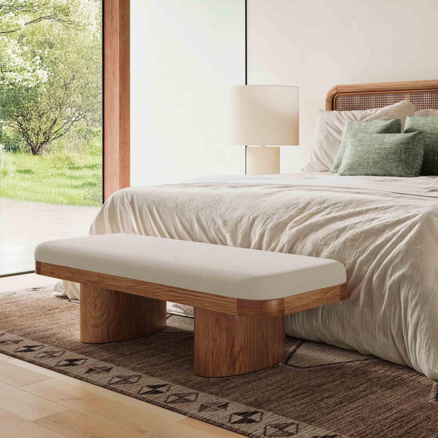 TOV Furniture Ollie white performance boucle large bench, three-quarter angle