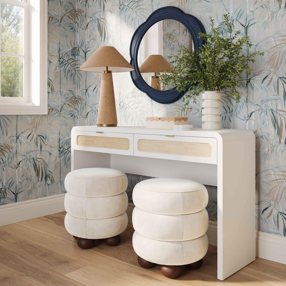 TOV Furniture Patty White Rattan 2-Drawer Console Desk