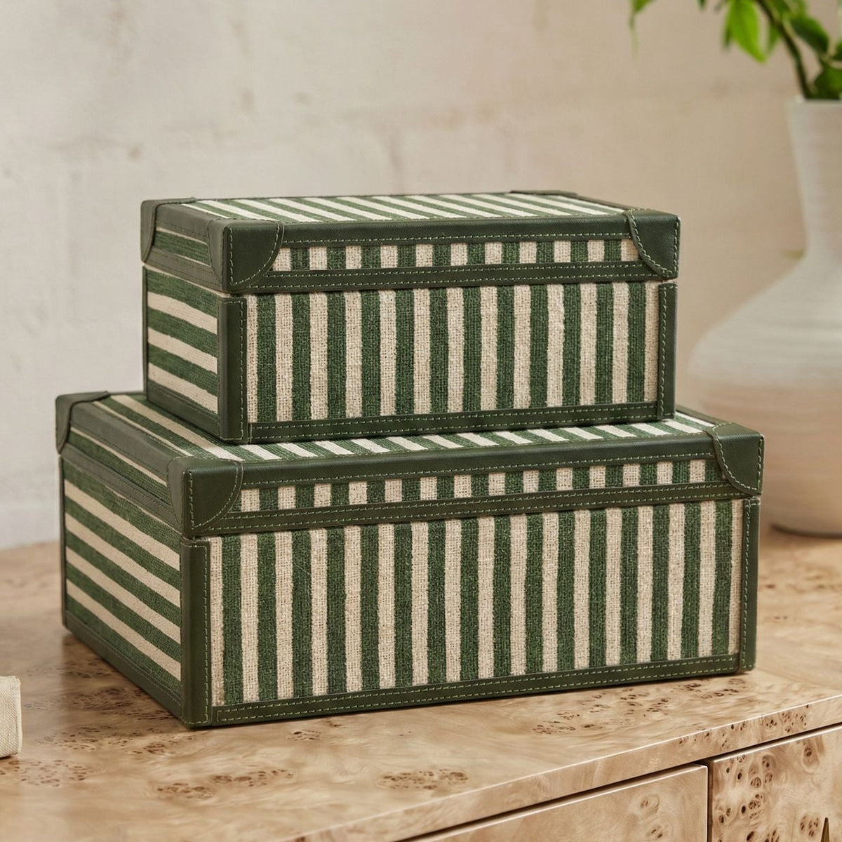 TOV Furniture Kora Cotton Jute Keepsake Box Set of 2 in green striped cotton jute, primary product view