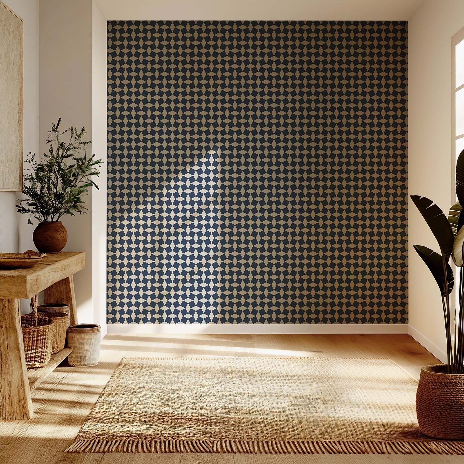 Tailored Check designer wallpaper in Pale Mineral Blue styled in a home office