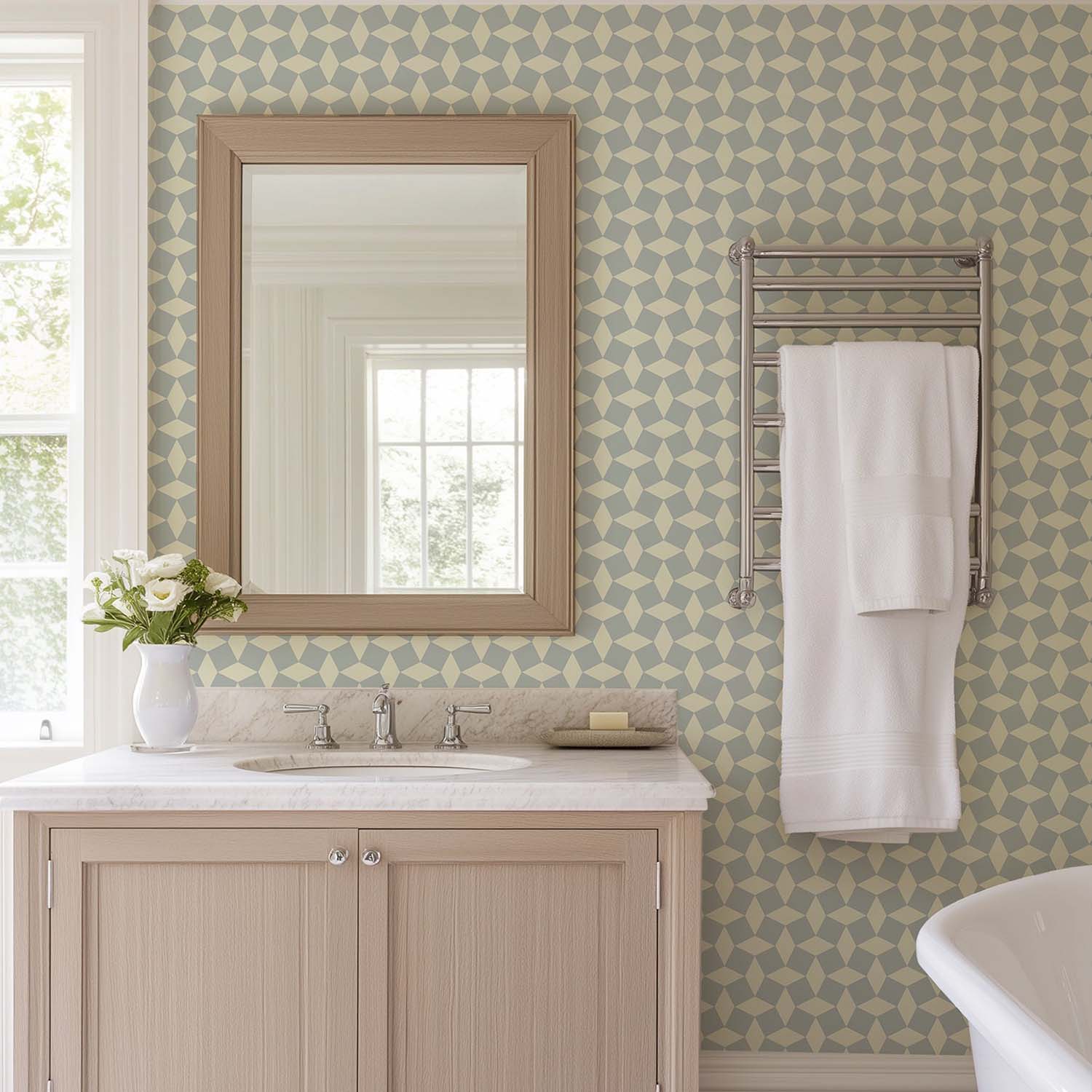 Tailored Check designer wallpaper in Washed Terracotta styled in a stair hall