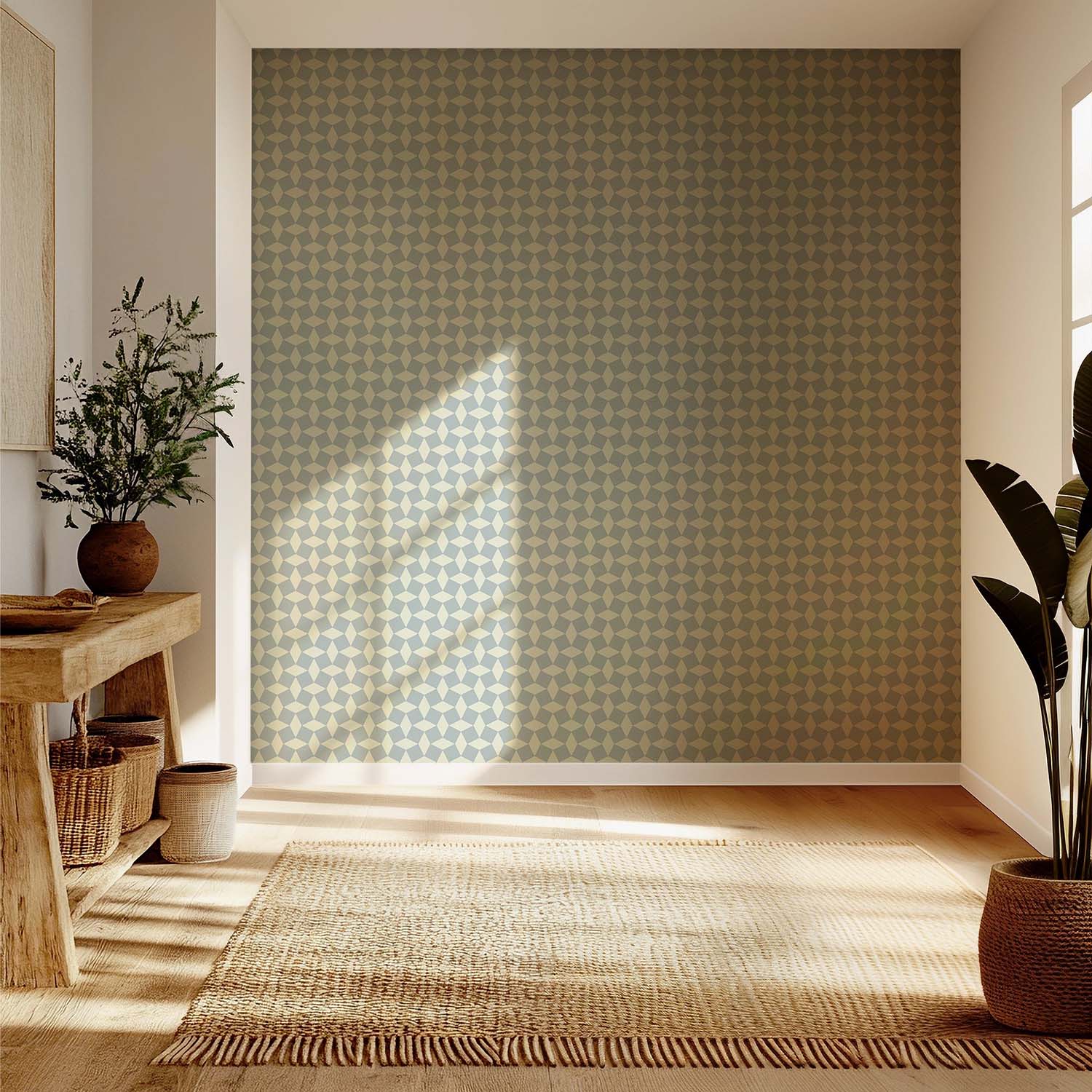 Tailored Check designer wallpaper in Pale Mineral Blue styled in a reading nook