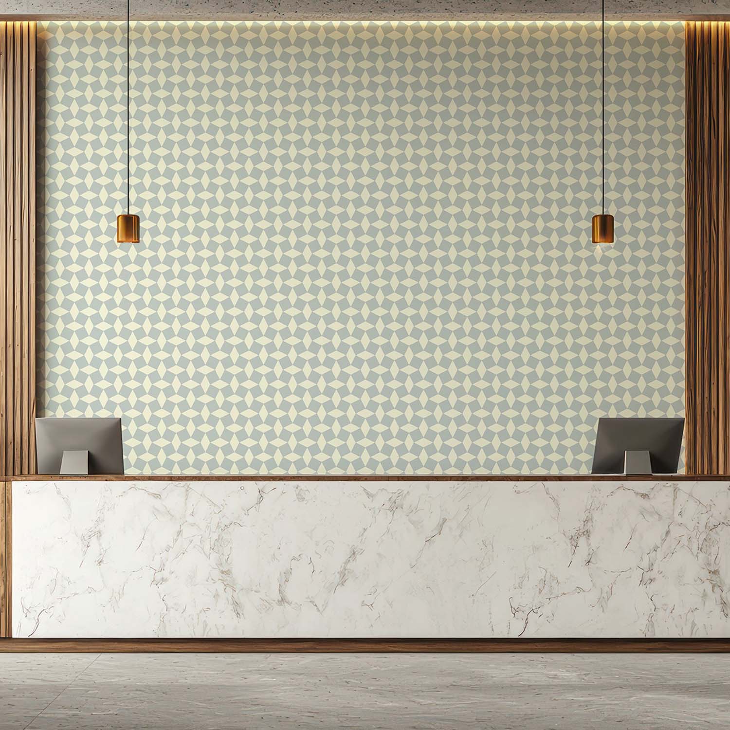 Tailored Check designer wallpaper in Walnut styled in a guest room