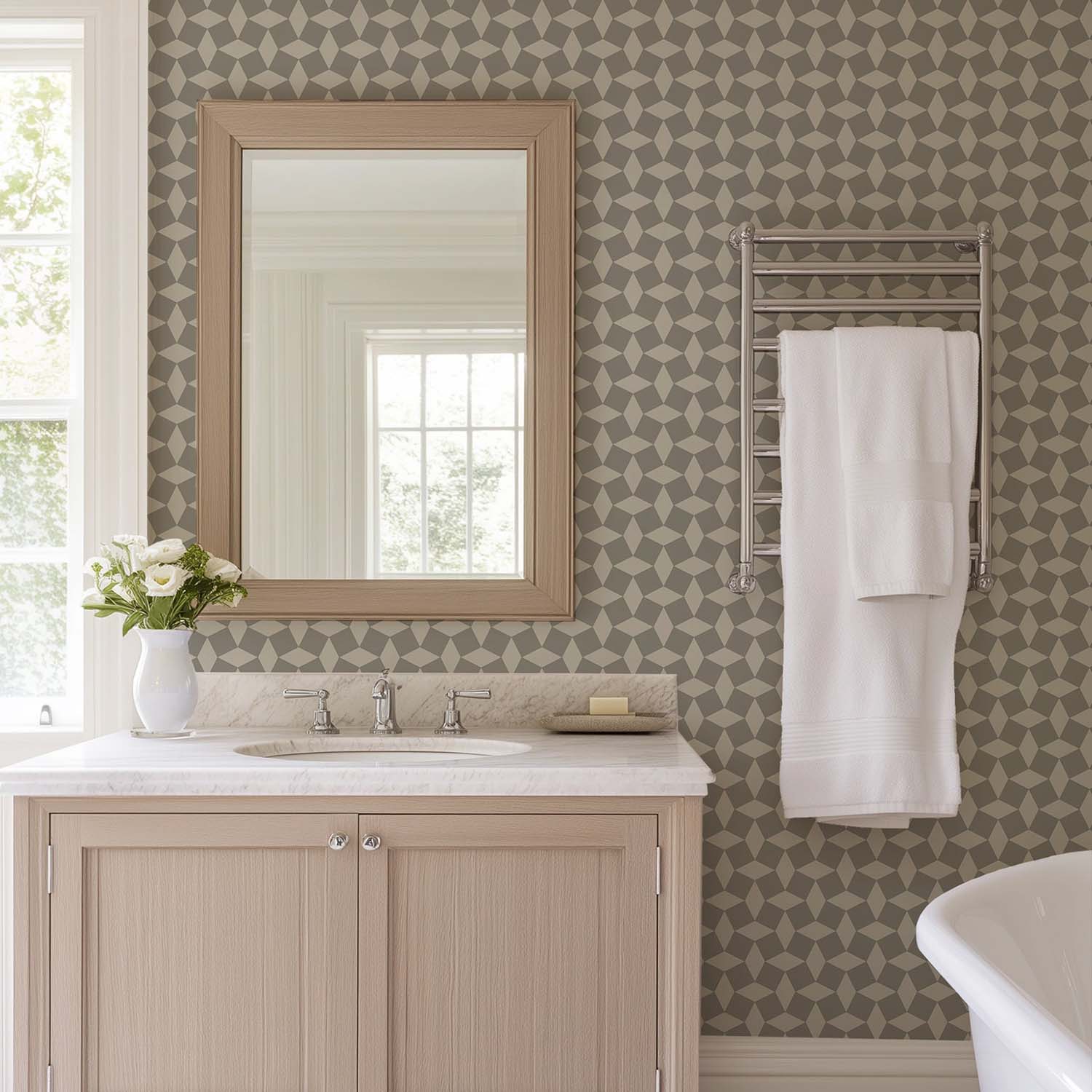 Tailored Check designer wallpaper in Washed Terracotta styled in a welcoming foyer