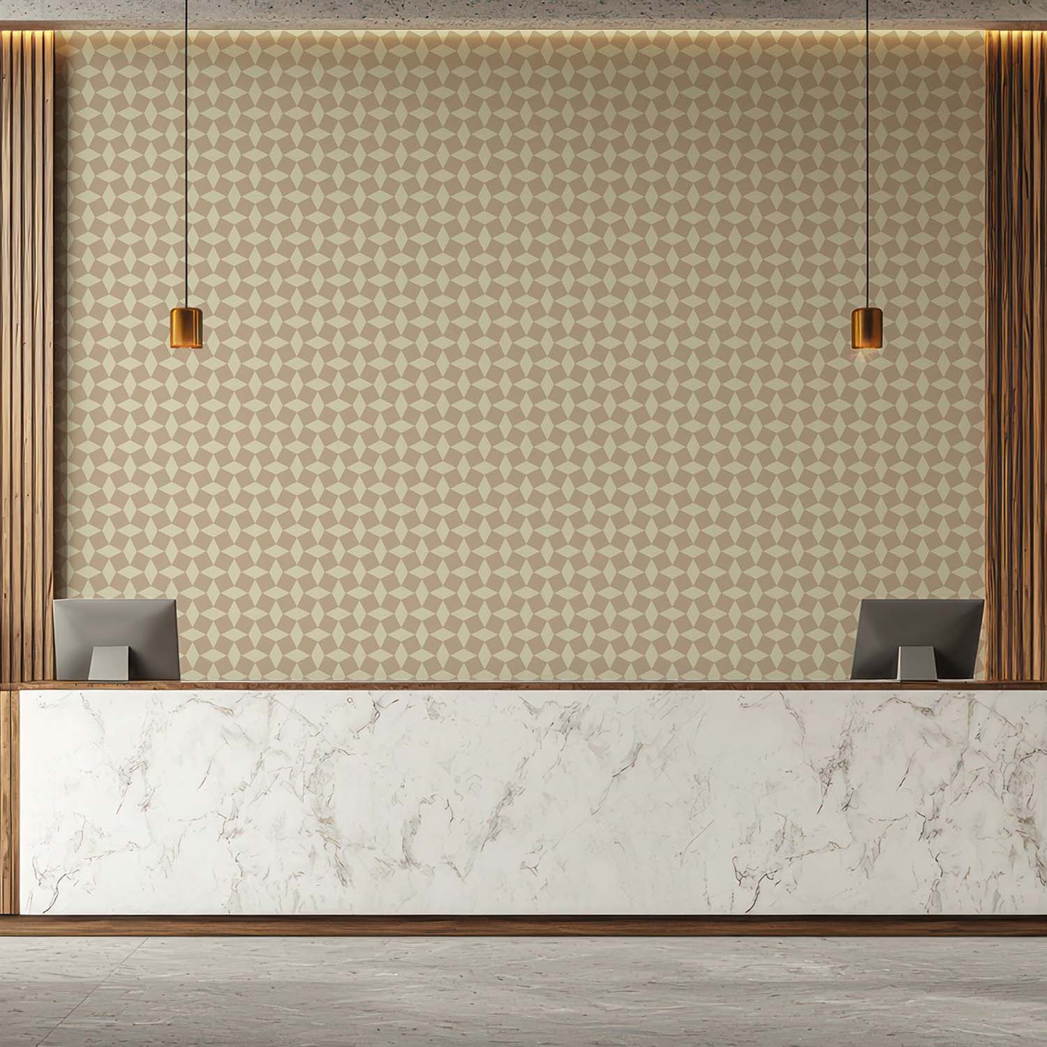 Tailored Check designer wallpaper in Walnut styled in a powder room