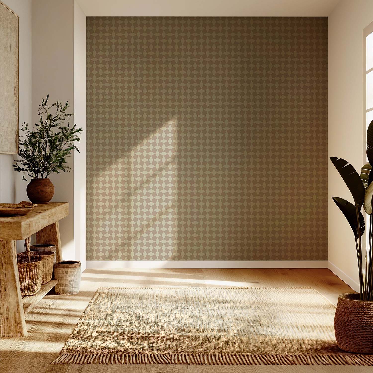 Tailored Check designer wallpaper in Oxford Blue styled in a serene bedroom