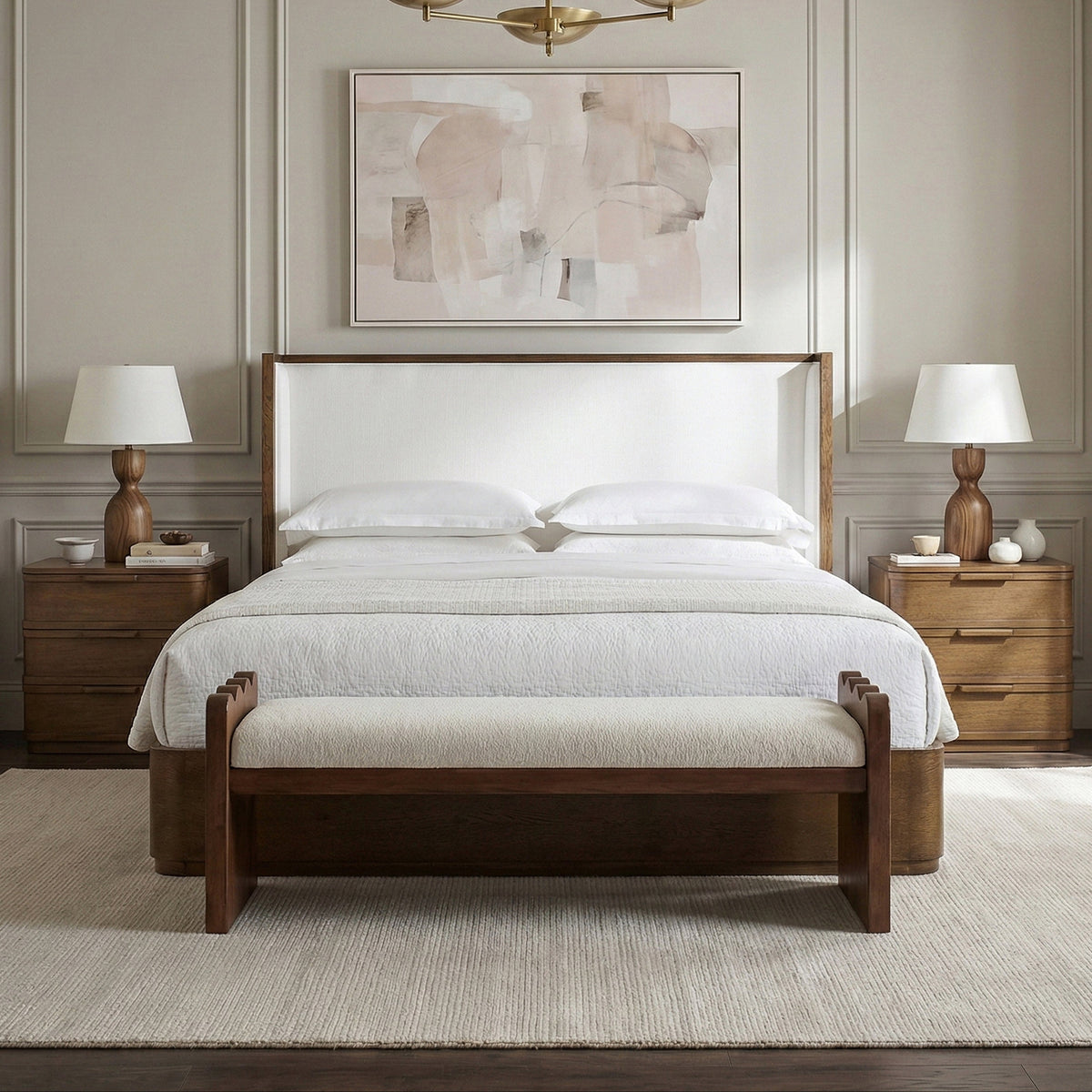 Tiberio Brown Cream Solid Wood And Linen Textured Fabric Bed