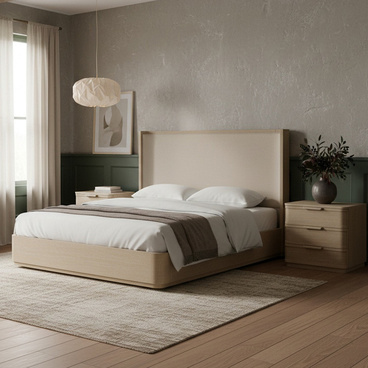 Tiberio Natural Cream Solid Wood And Linen Textured Fabric Bed