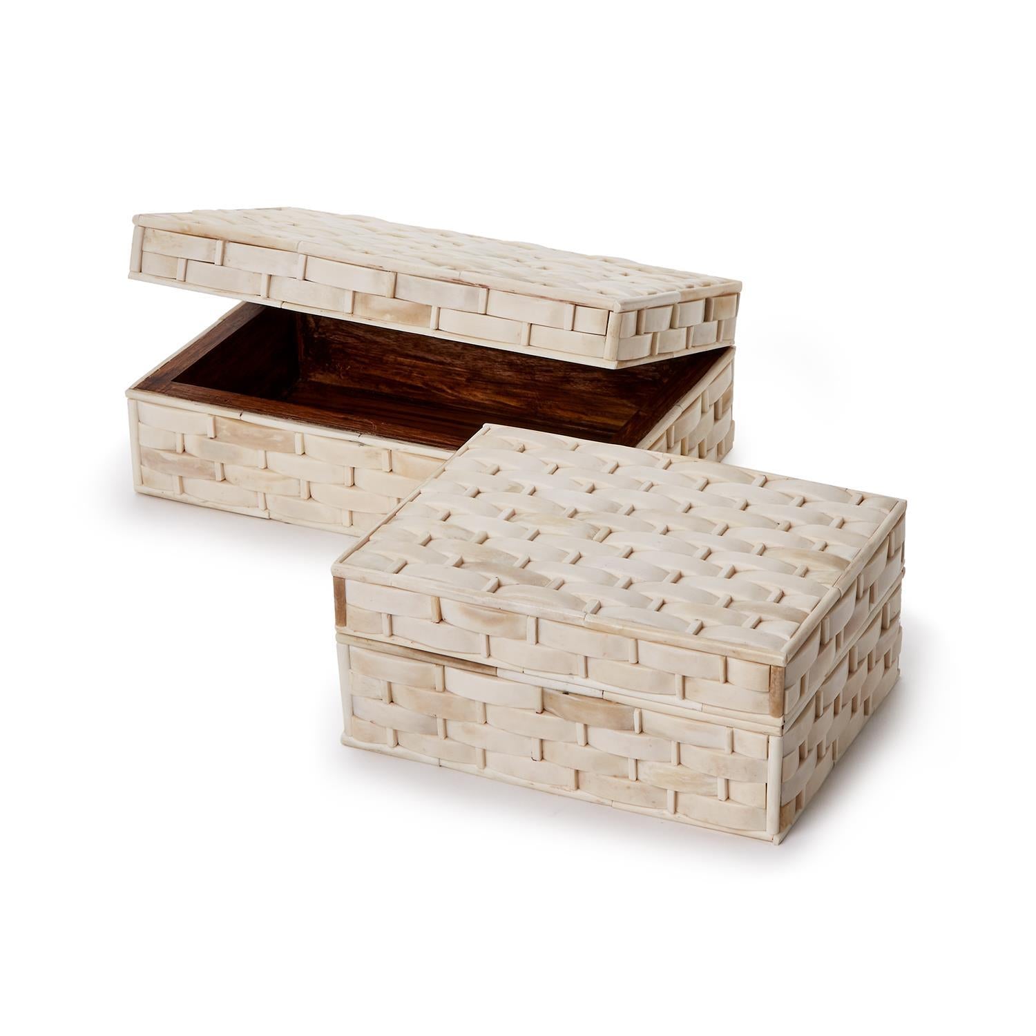 Basketweave Hinged Bone Box Set of 2