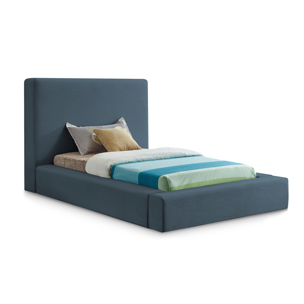 Devin Navy Linen Textured Fabric Upholstered Bed