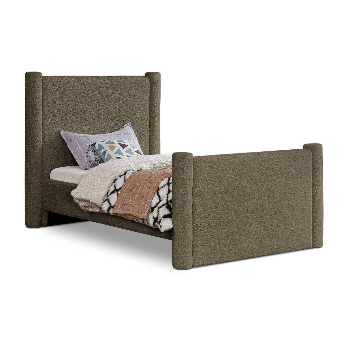 Elias Olive Green Boucle Fabric Upholstered Bed