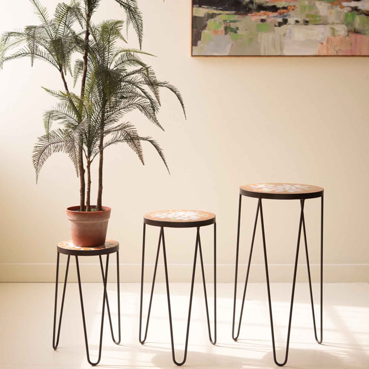 Nesting Mosaic Tile Tables with Metal Base Set of 3