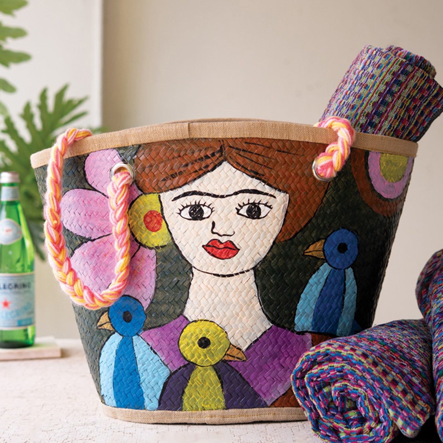 Girl with Blue Birds Hand-Painted Seagrass Bag