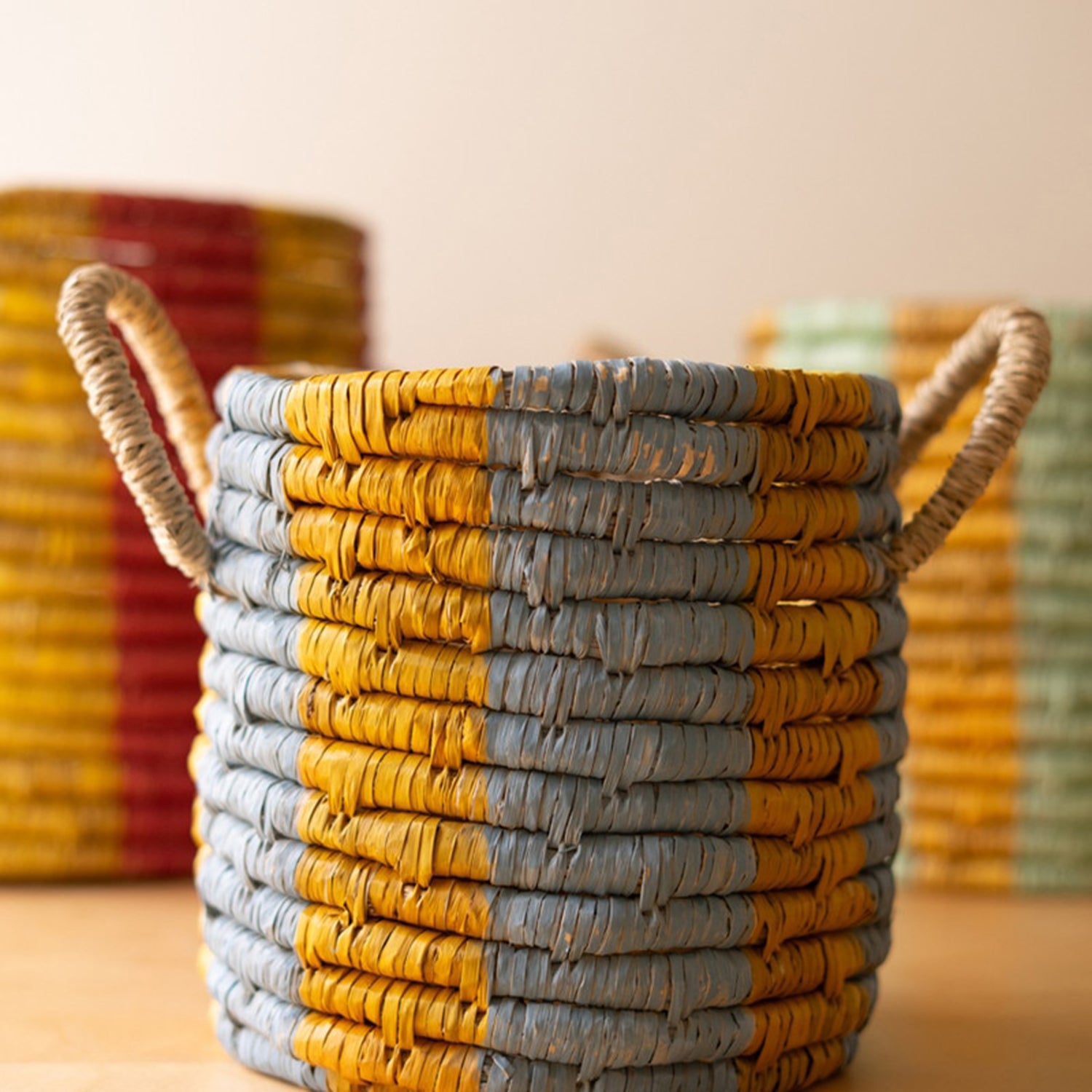 Seagrass Basket with Multi-Colored Stripe Set of 3
