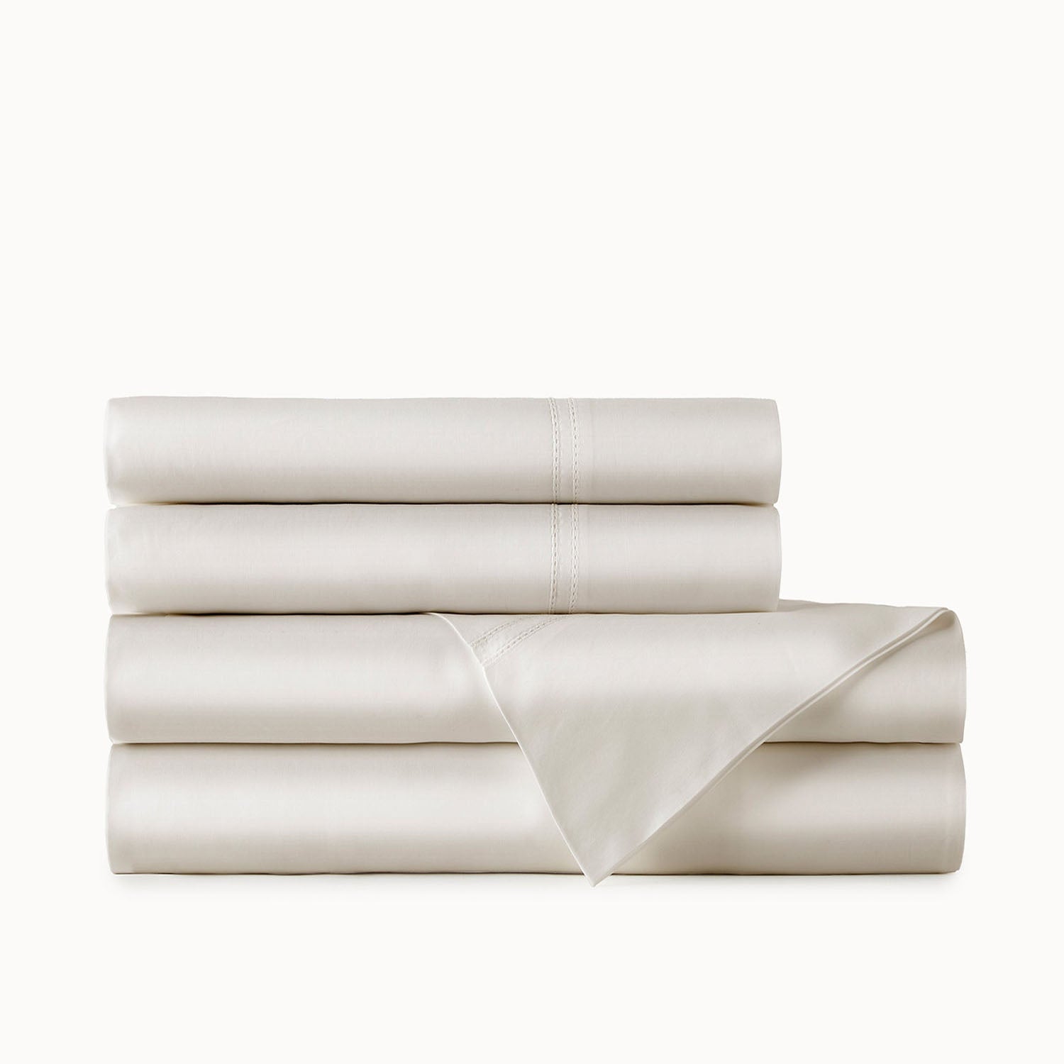 Peacock Alley Virtuoso Sateen Sheet Set 600 thread count cotton sateen sheet set, stack of neatly folded linens