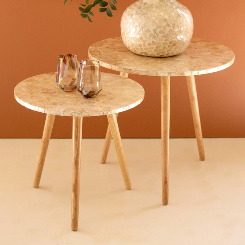 Wooden Accent Table with Capiz Shell Set of 2