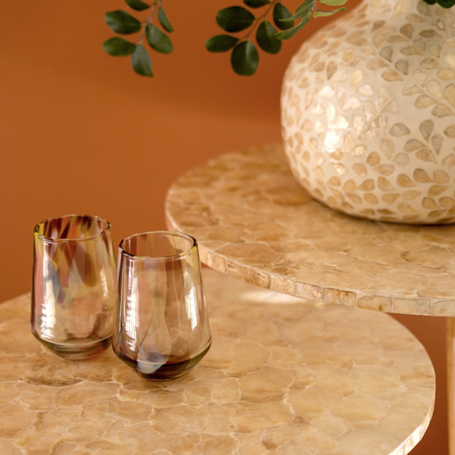 Wooden Accent Table with Capiz Shell Set of 2