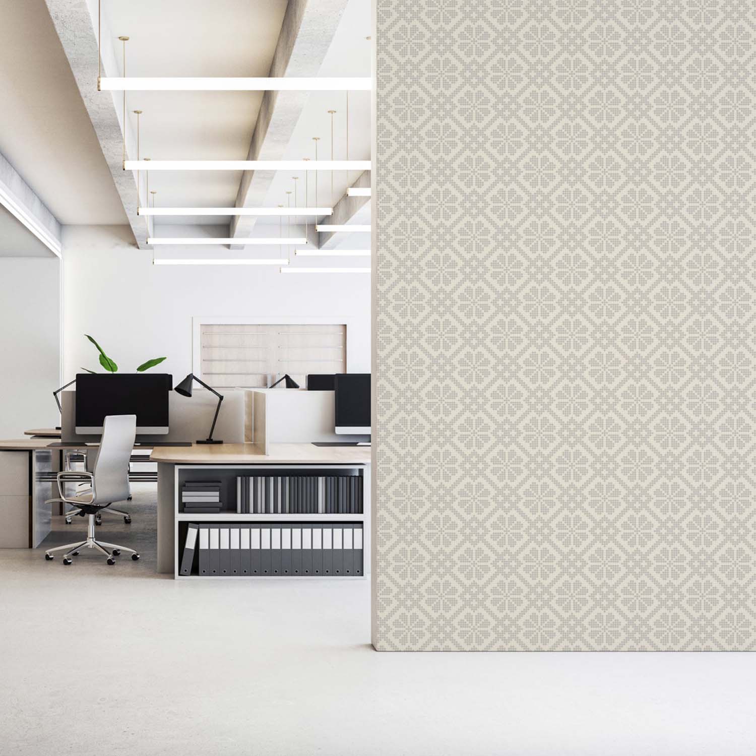 Villa Mosaic designer wallpaper in Walnut styled in a bright hallway