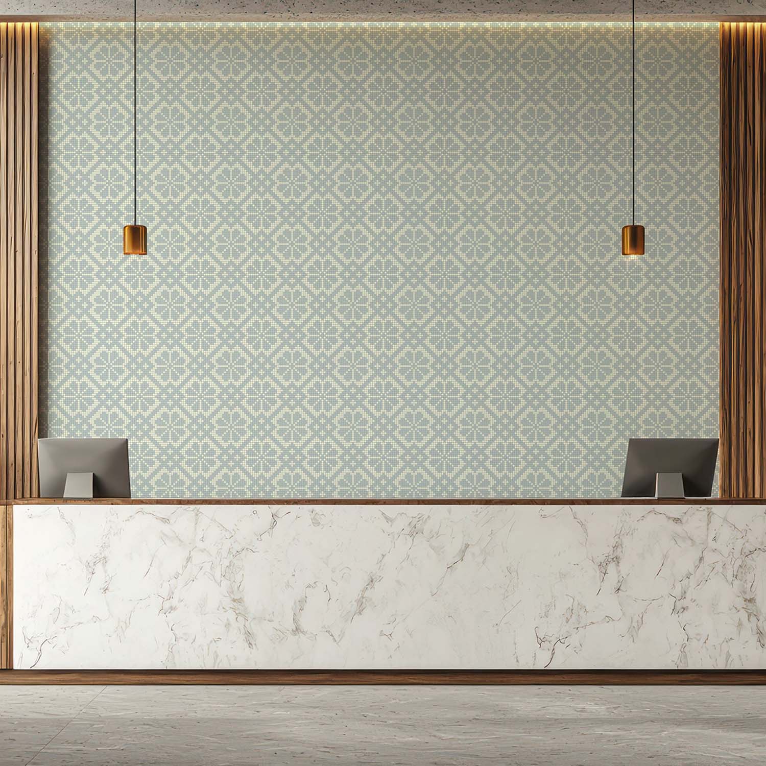 Villa Mosaic designer wallpaper in Walnut styled in a powder room