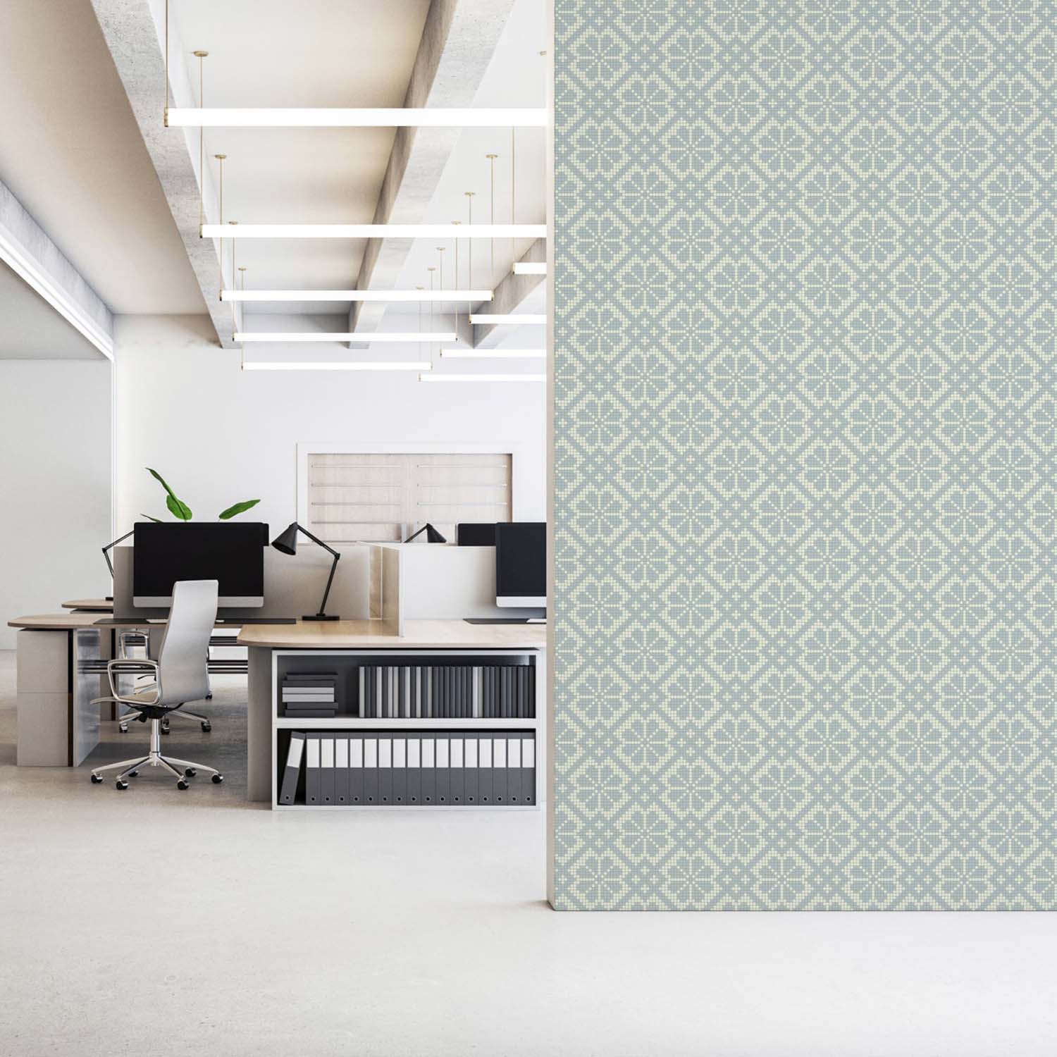 Villa Mosaic designer wallpaper in Ash Linen styled in a serene bedroom