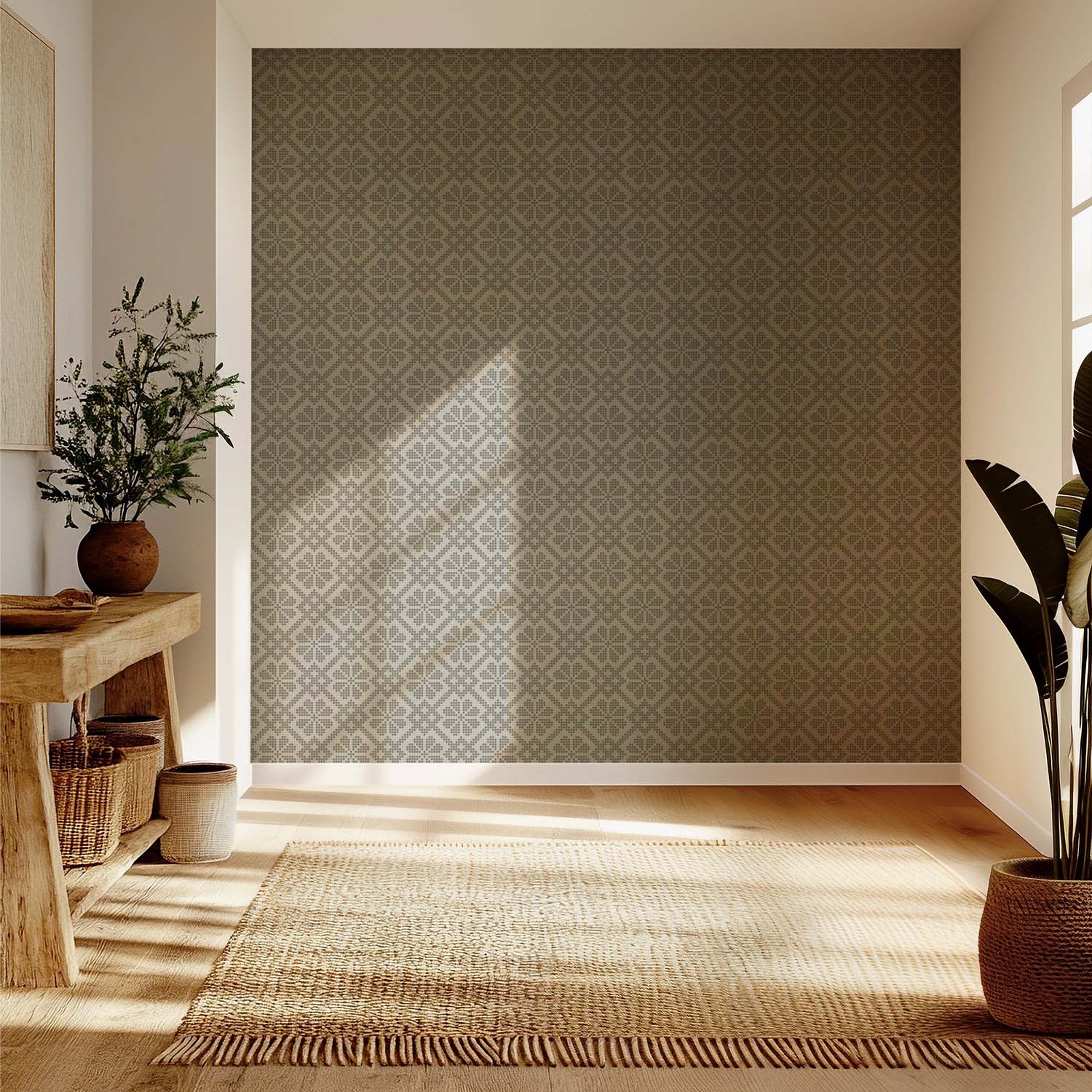 Villa Mosaic designer wallpaper in Pale Mineral Blue styled in a reading nook