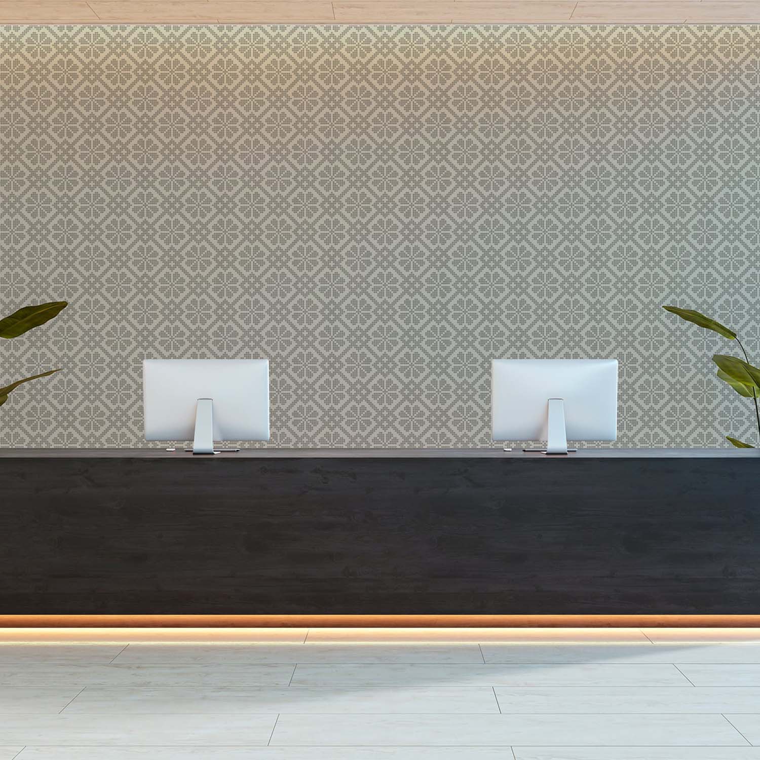 Villa Mosaic designer wallpaper in Walnut styled in a guest room