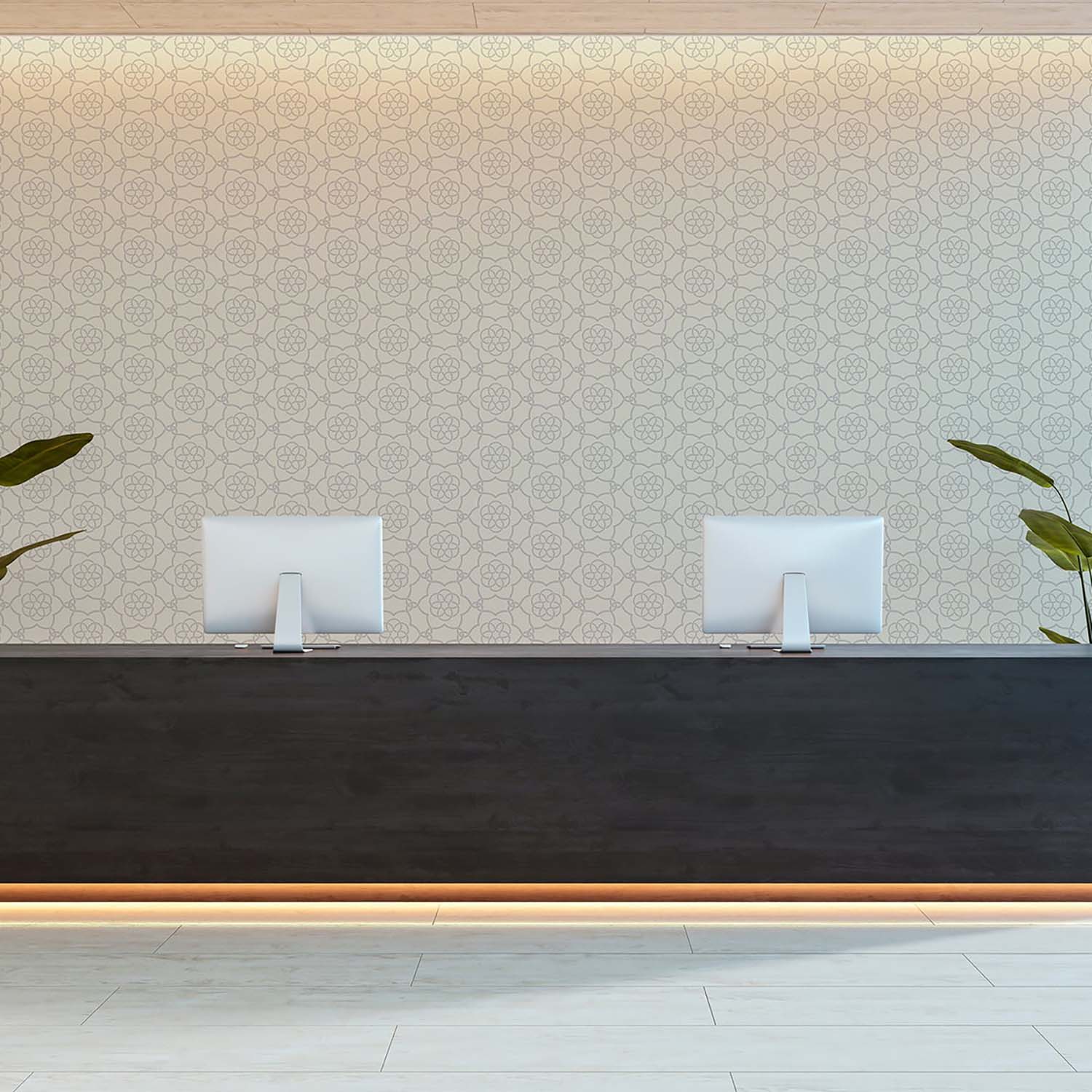 Floret Lattice floral wallpaper in Silver Sage, pattern repeat