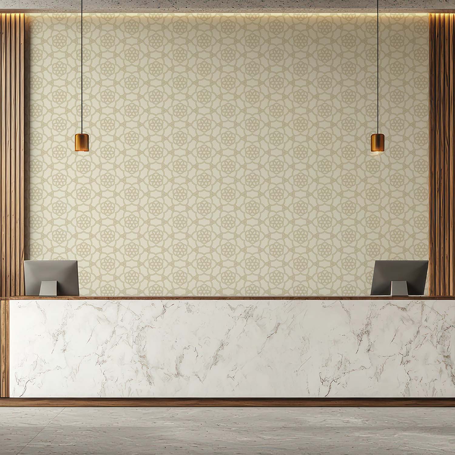 Floret Lattice floral wallpaper in Alabaster, interior scene