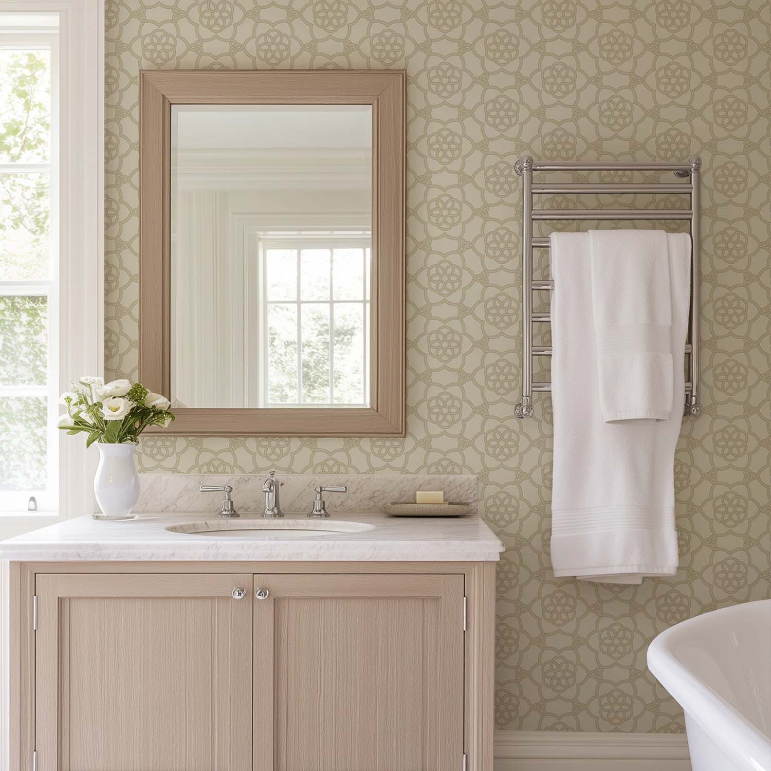 Floret Lattice floral wallpaper in Golden Wheat, wide view