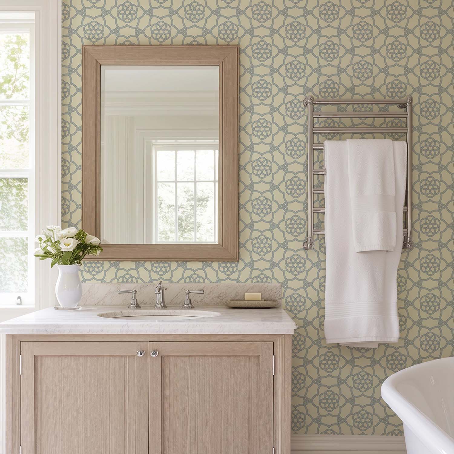 Floret Lattice floral wallpaper in Pale Mineral Blue, room mockup