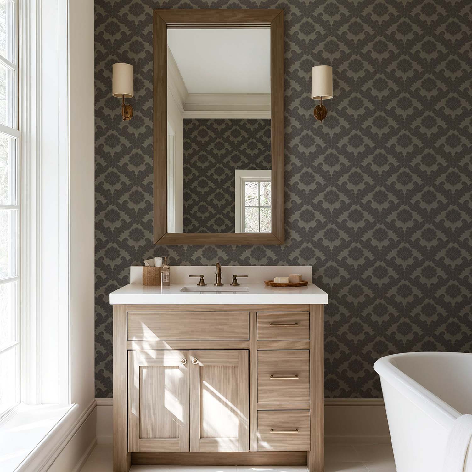 Drawing Room Leaf botanical wallpaper in Driftwood, styled room setting