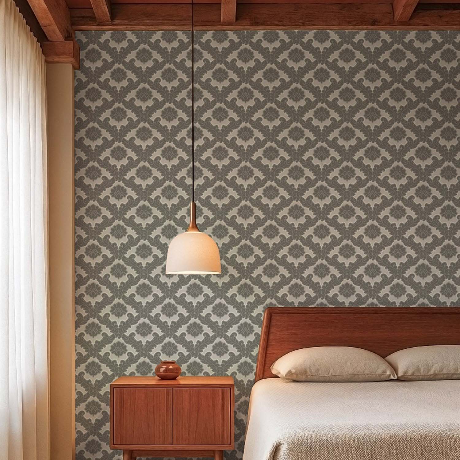 Drawing Room Leaf botanical wallpaper in Linen, styled shelf vignette