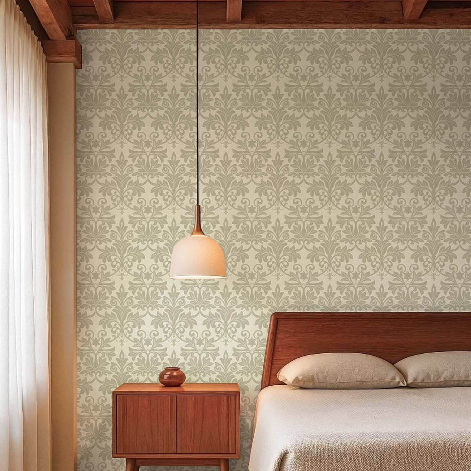 Rococo Relief designer wallpaper in Obsidian styled in a sunlit kitchen