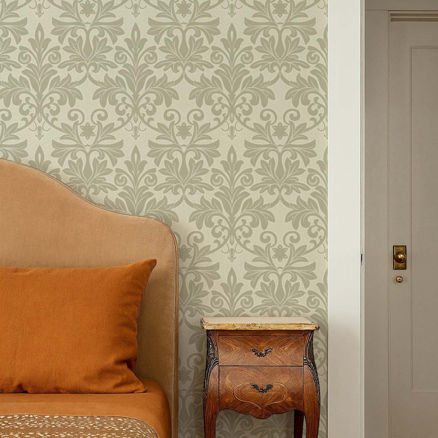 Rococo Relief designer wallpaper in Pale Blue Gray styled in a reading nook